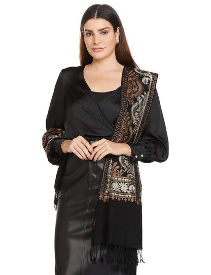 Pashtush India 70x200 Pashtush Womens Fine Wool, Silky Nalki Embroidery Needlework Stole, Black