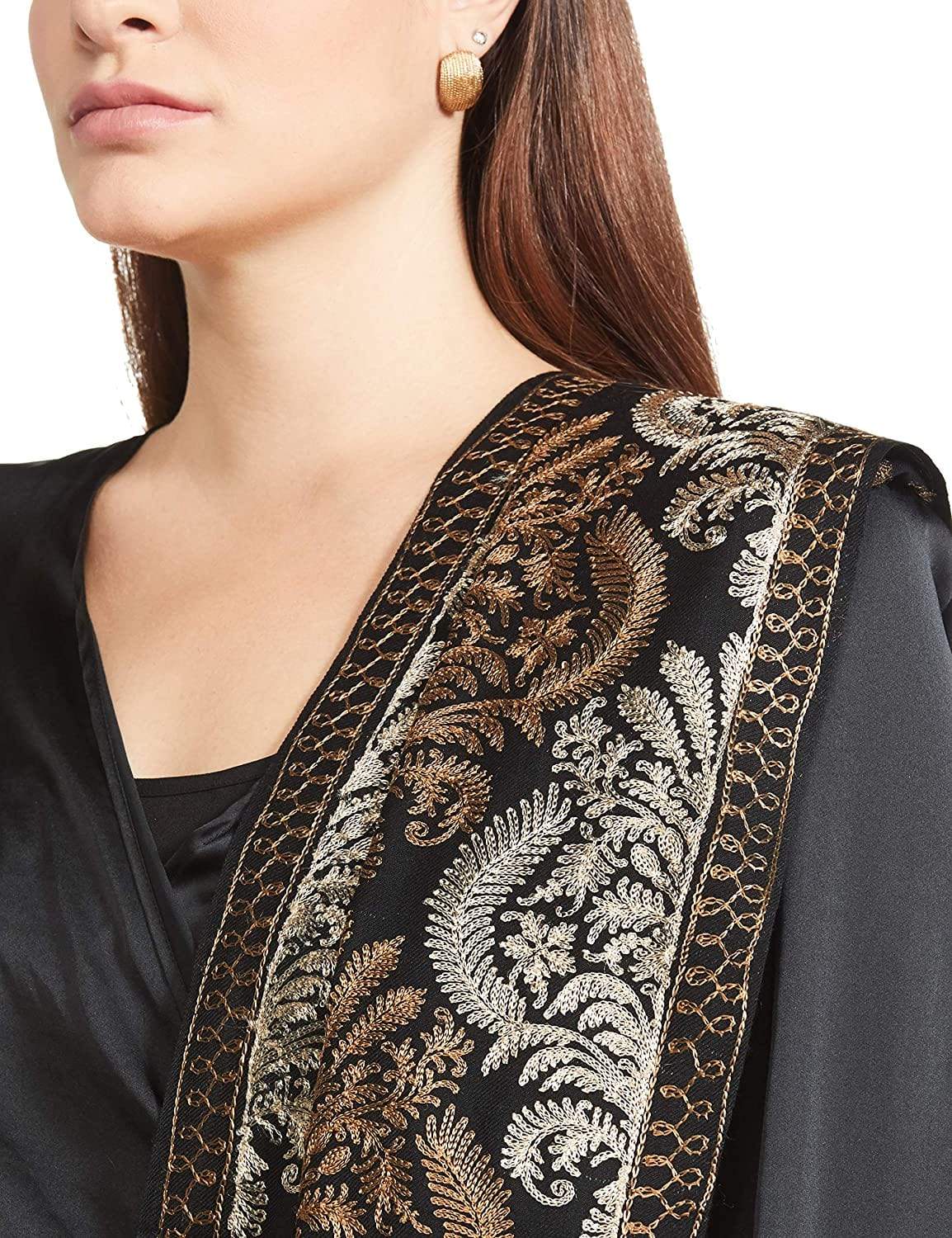 Pashtush India 70x200 Pashtush Womens Fine Wool, Silky Nalki Embroidery Needlework Stole, Black