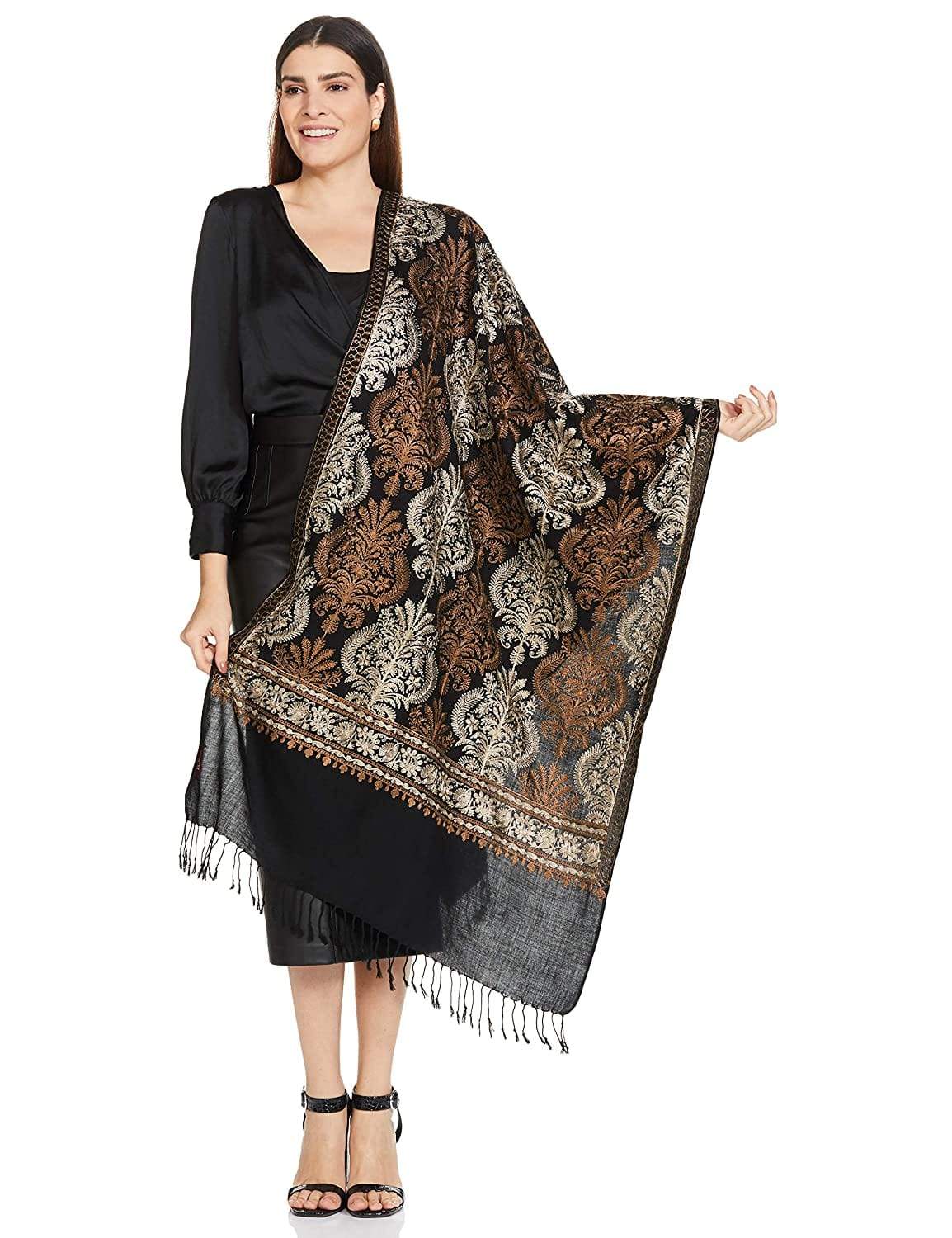 Pashtush India 70x200 Pashtush Womens Fine Wool, Silky Nalki Embroidery Needlework Stole, Black