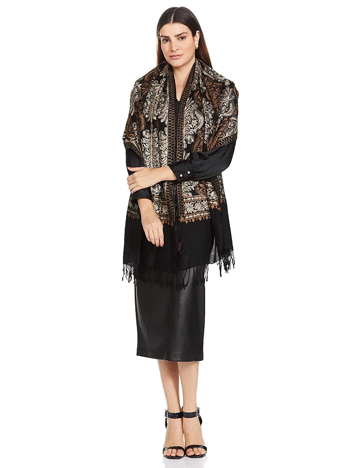 Pashtush India 70x200 Pashtush Womens Fine Wool, Silky Nalki Embroidery Needlework Stole, Black