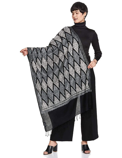 Pashtush India 70x200 Pashtush Womens Fine Wool, Silky Nalki Embroidery Needlework Stole, Black