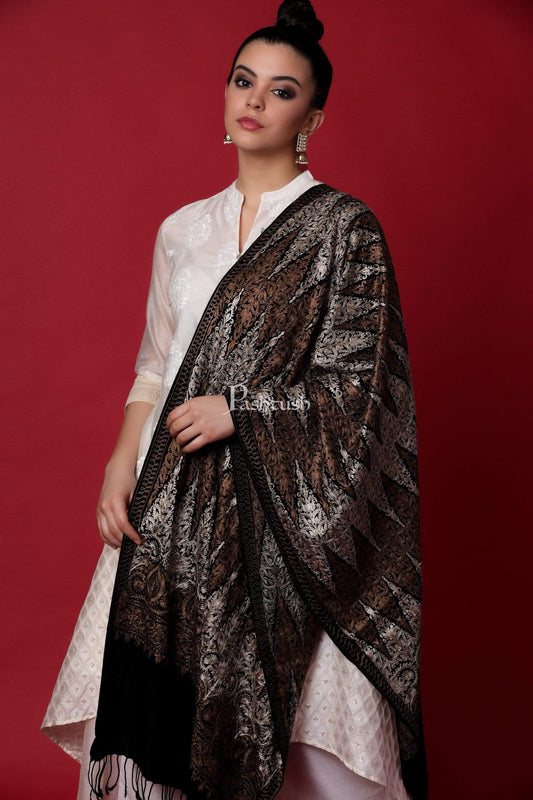 Pashtush India 70x200 Pashtush Womens Fine Wool, Silky Nalki Embroidery Needlework Stole, Black