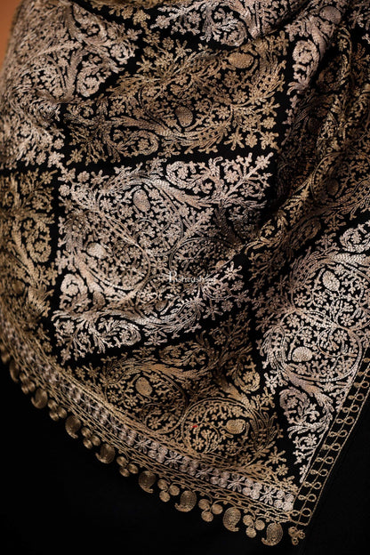 Pashtush India 70x200 Pashtush Womens Fine Wool, Silky Nalki Embroidery Needlework Stole, Black