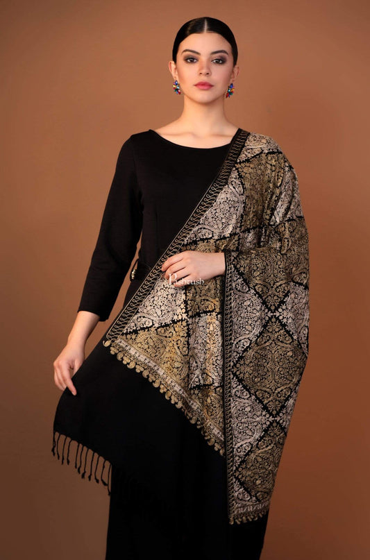 Pashtush India 70x200 Pashtush Womens Fine Wool, Silky Nalki Embroidery Needlework Stole, Black