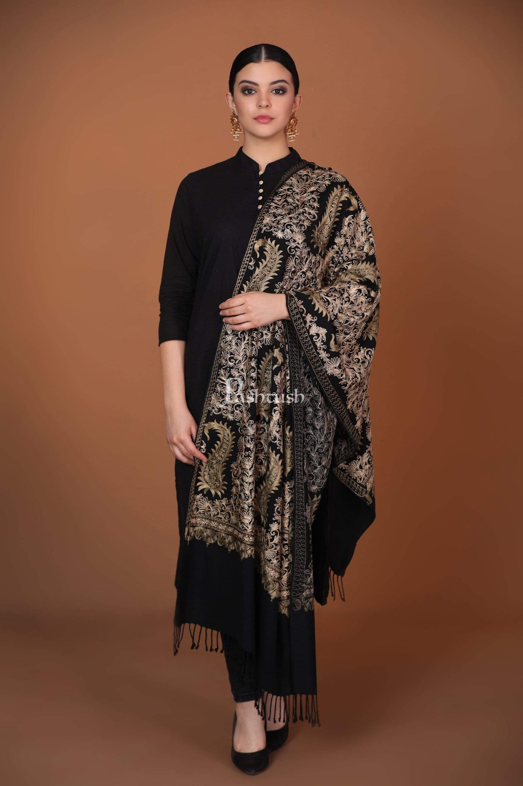 Pashtush India 70x200 Pashtush Womens Fine Wool, Silky Nalki Embroidery Needlework Stole, Black
