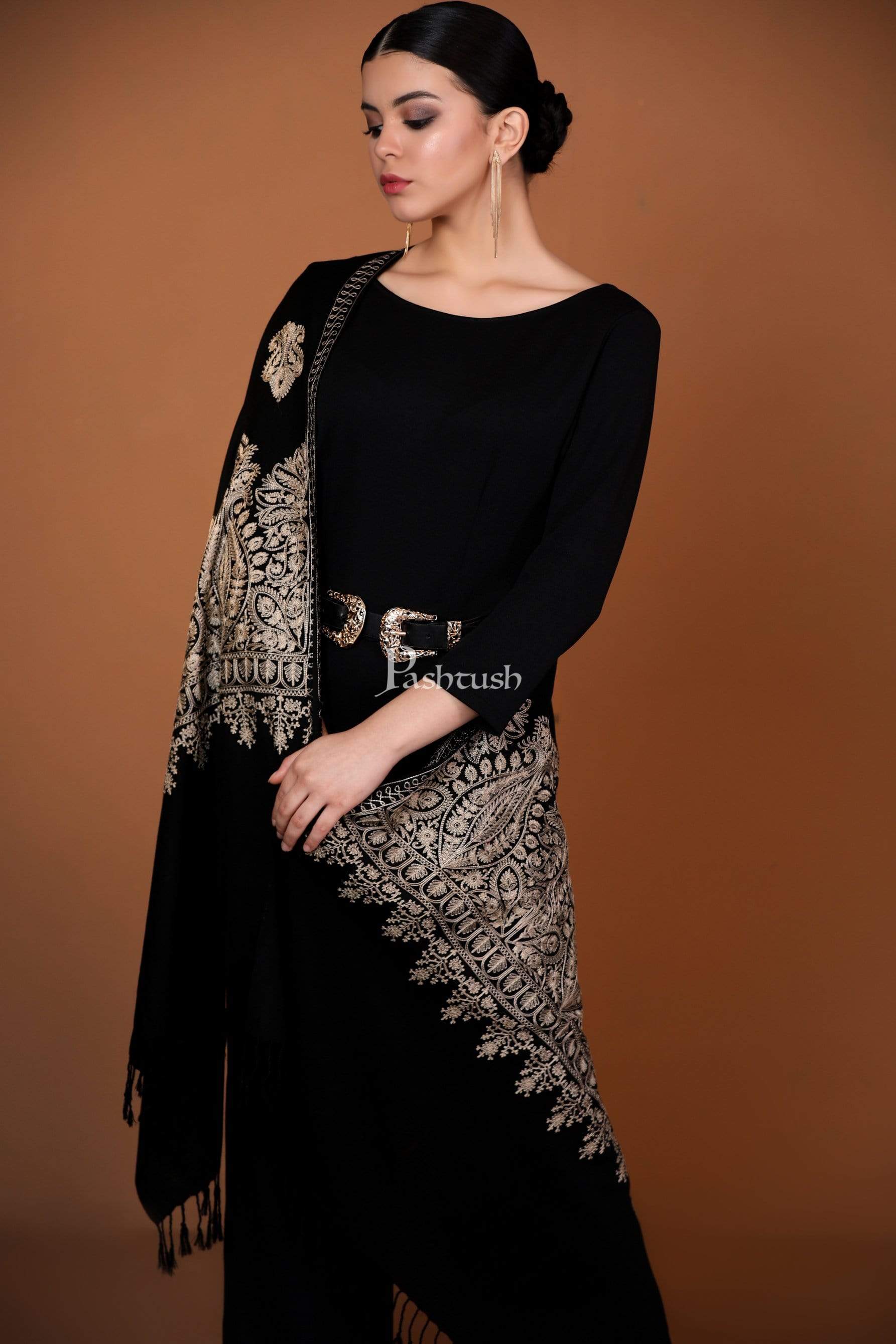 Pashtush India 70x200 Pashtush Womens Fine Wool, Silky Nalki Embroidery Needlework Stole, Black