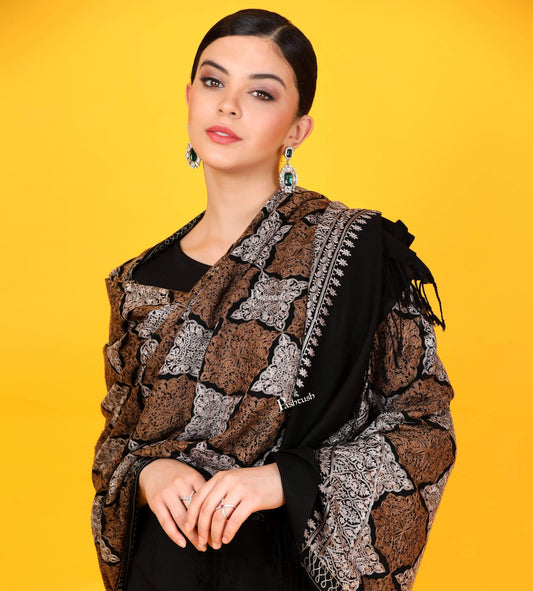 Pashtush India 70x200 Pashtush Womens Fine Wool, Silky Nalki Embroidery Needlework Stole, Black
