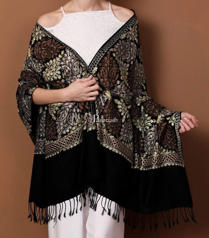 Pashtush India 70x200 Pashtush Womens Fine Wool, Silky Nalki Embroidery Needlework Stole, Black