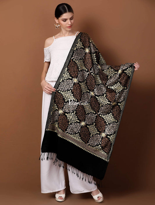 Pashtush India 70x200 Pashtush Womens Fine Wool, Silky Nalki Embroidery Needlework Stole, Black