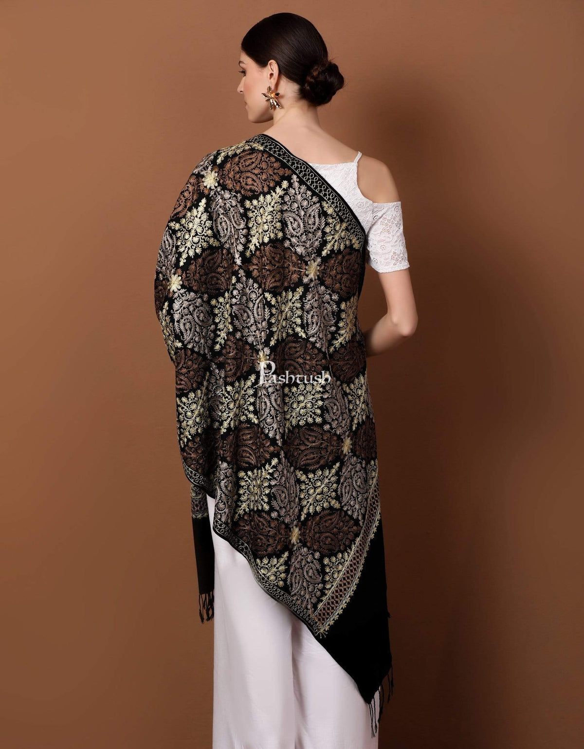 Pashtush India 70x200 Pashtush Womens Fine Wool, Silky Nalki Embroidery Needlework Stole, Black