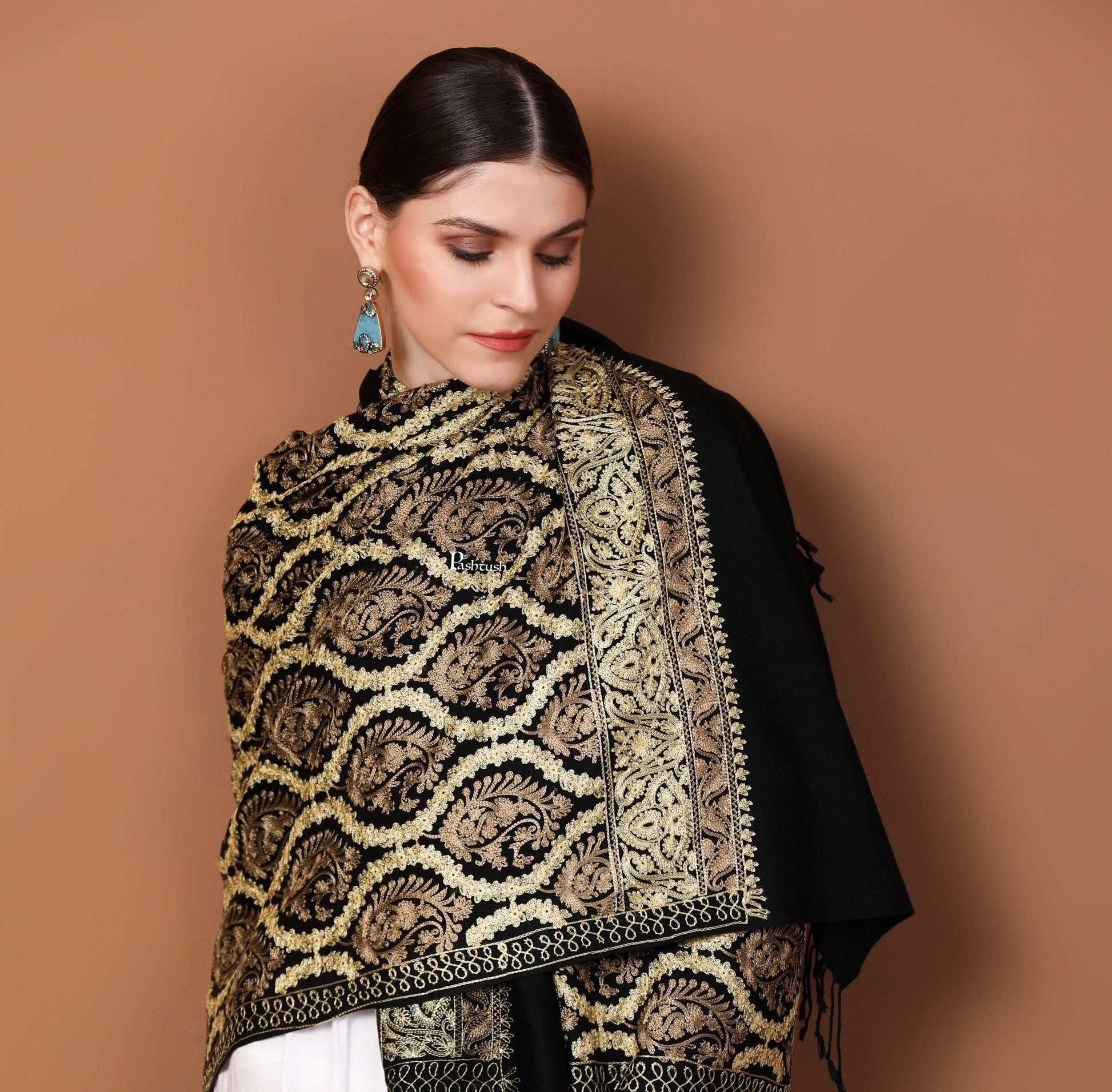 Pashtush India 70x200 Pashtush Womens Fine Wool, Silky Nalki Embroidery Needlework Stole, Black