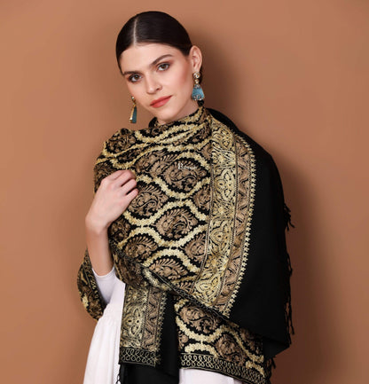 Pashtush India 70x200 Pashtush Womens Fine Wool, Silky Nalki Embroidery Needlework Stole, Black