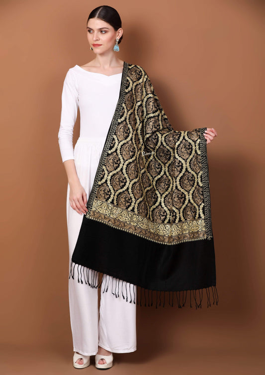 Pashtush India 70x200 Pashtush Womens Fine Wool, Silky Nalki Embroidery Needlework Stole, Black