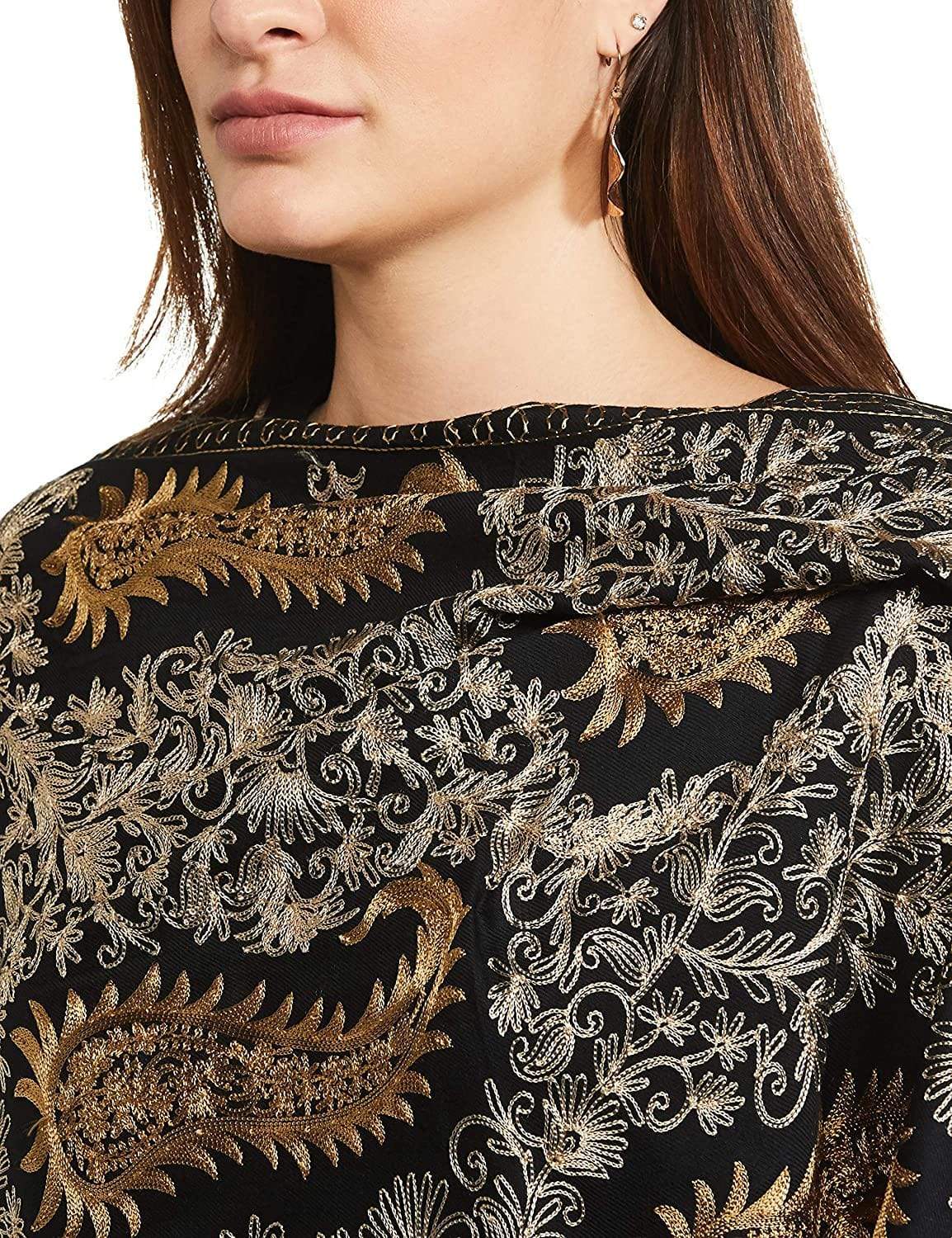 Pashtush India 70x200 Pashtush Womens Fine Wool, Silky Nalki Embroidery Needlework Stole, Black