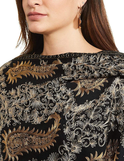 Pashtush India 70x200 Pashtush Womens Fine Wool, Silky Nalki Embroidery Needlework Stole, Black