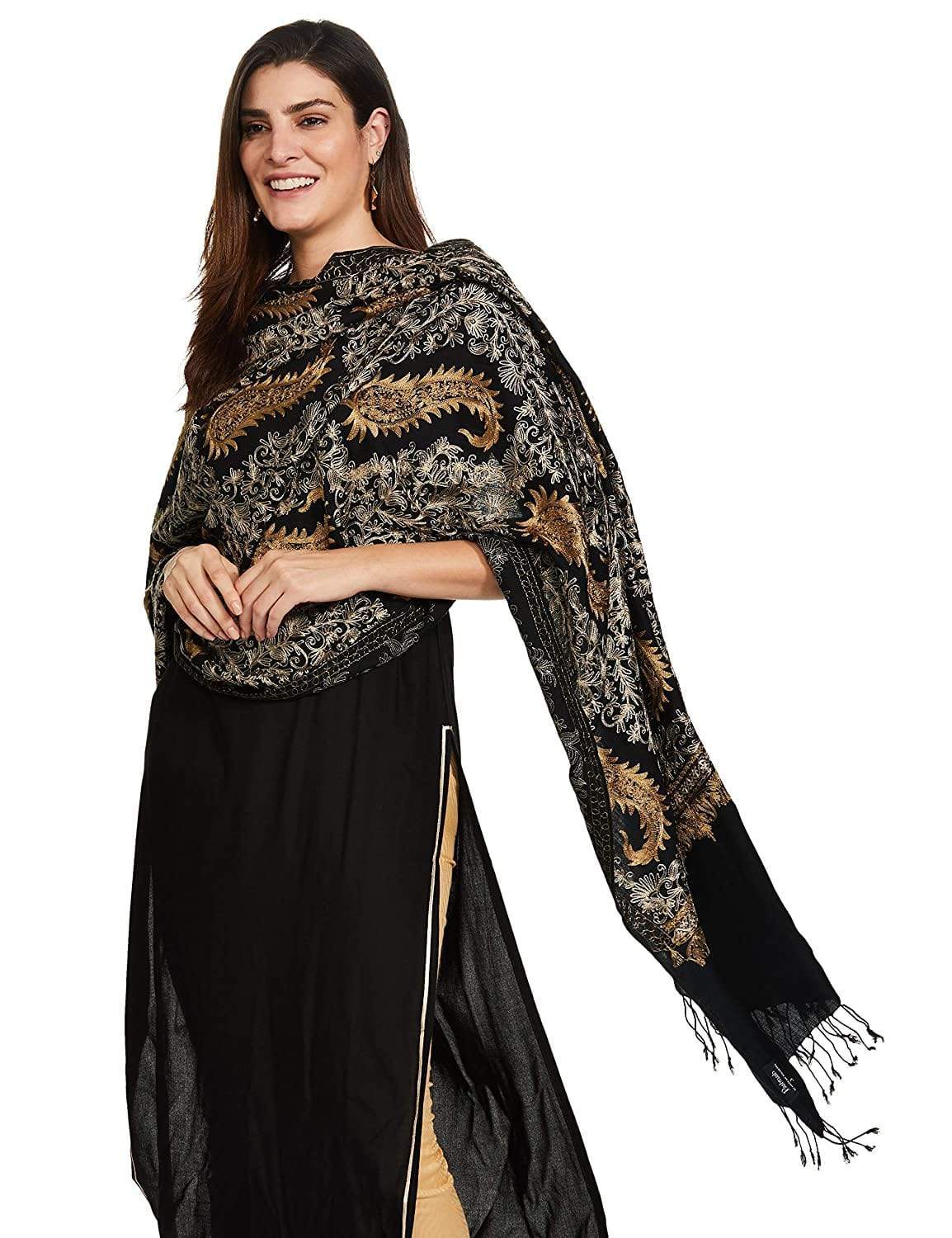 Pashtush India 70x200 Pashtush Womens Fine Wool, Silky Nalki Embroidery Needlework Stole, Black