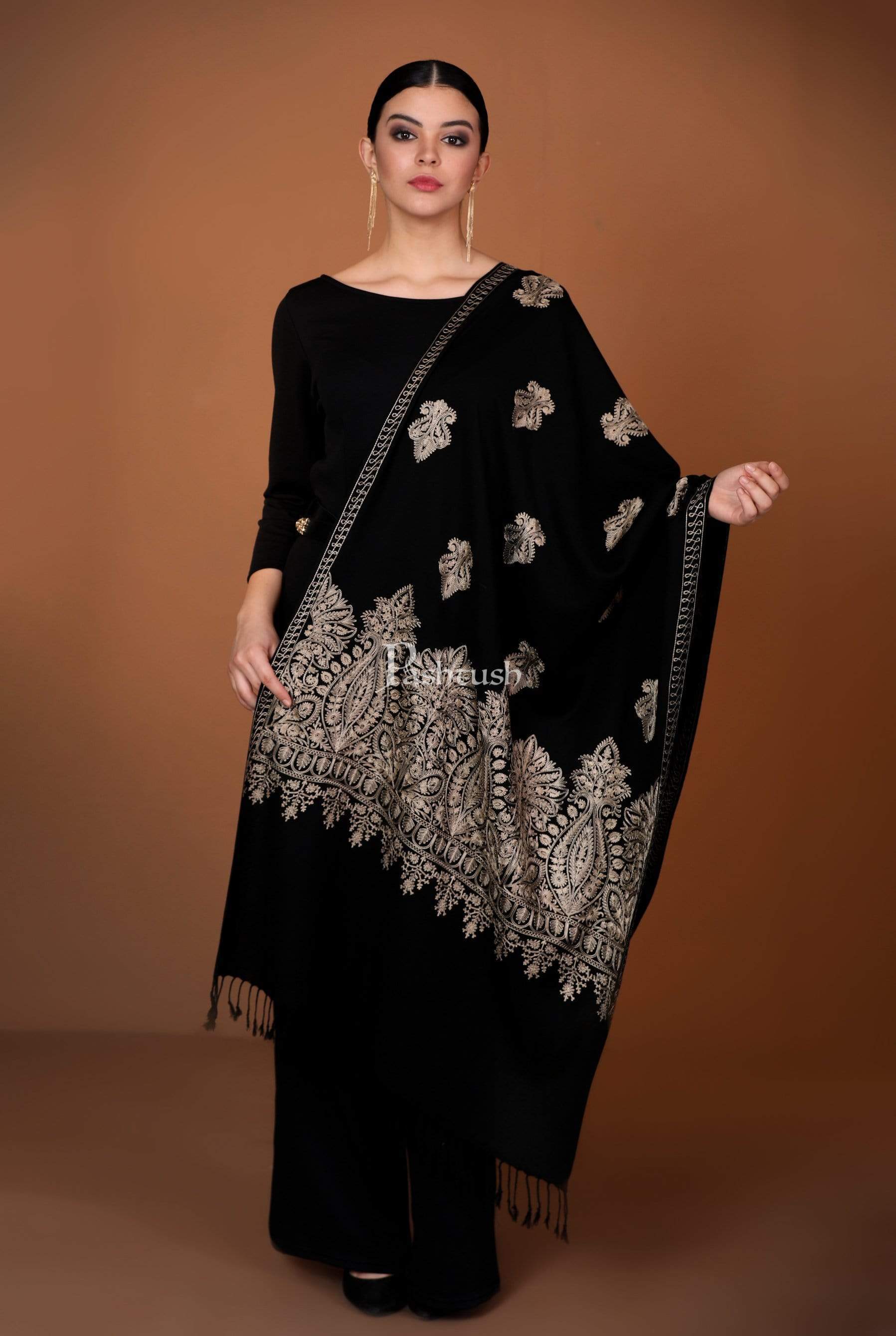 Pashtush India 70x200 Pashtush Womens Fine Wool, Silky Nalki Embroidery Needlework Stole, Black