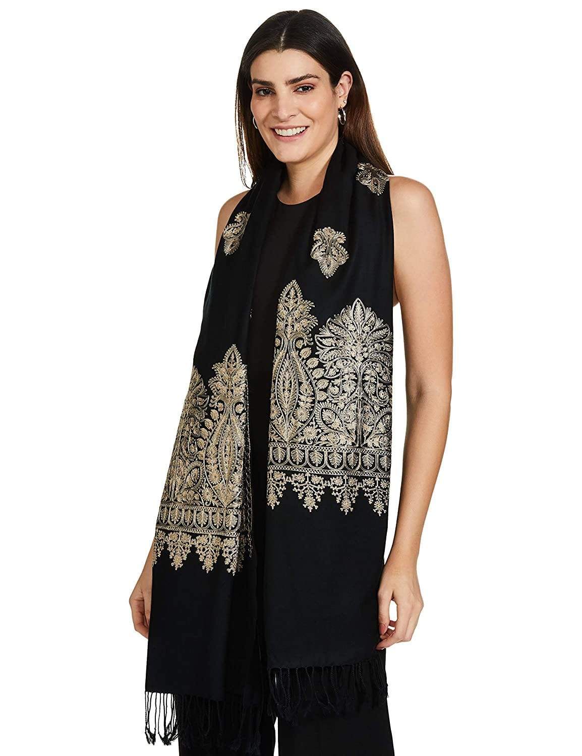 Pashtush India 70x200 Pashtush Womens Fine Wool, Silky Nalki Embroidery Needlework Stole, Black