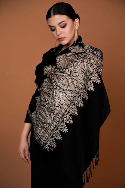 Pashtush India 70x200 Pashtush Womens Fine Wool, Silky Nalki Embroidery Needlework Stole, Black