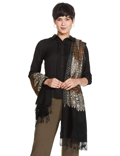 Pashtush India 70x200 Pashtush Womens Fine Wool, Silky Nalki Embroidery Needlework Stole, Black