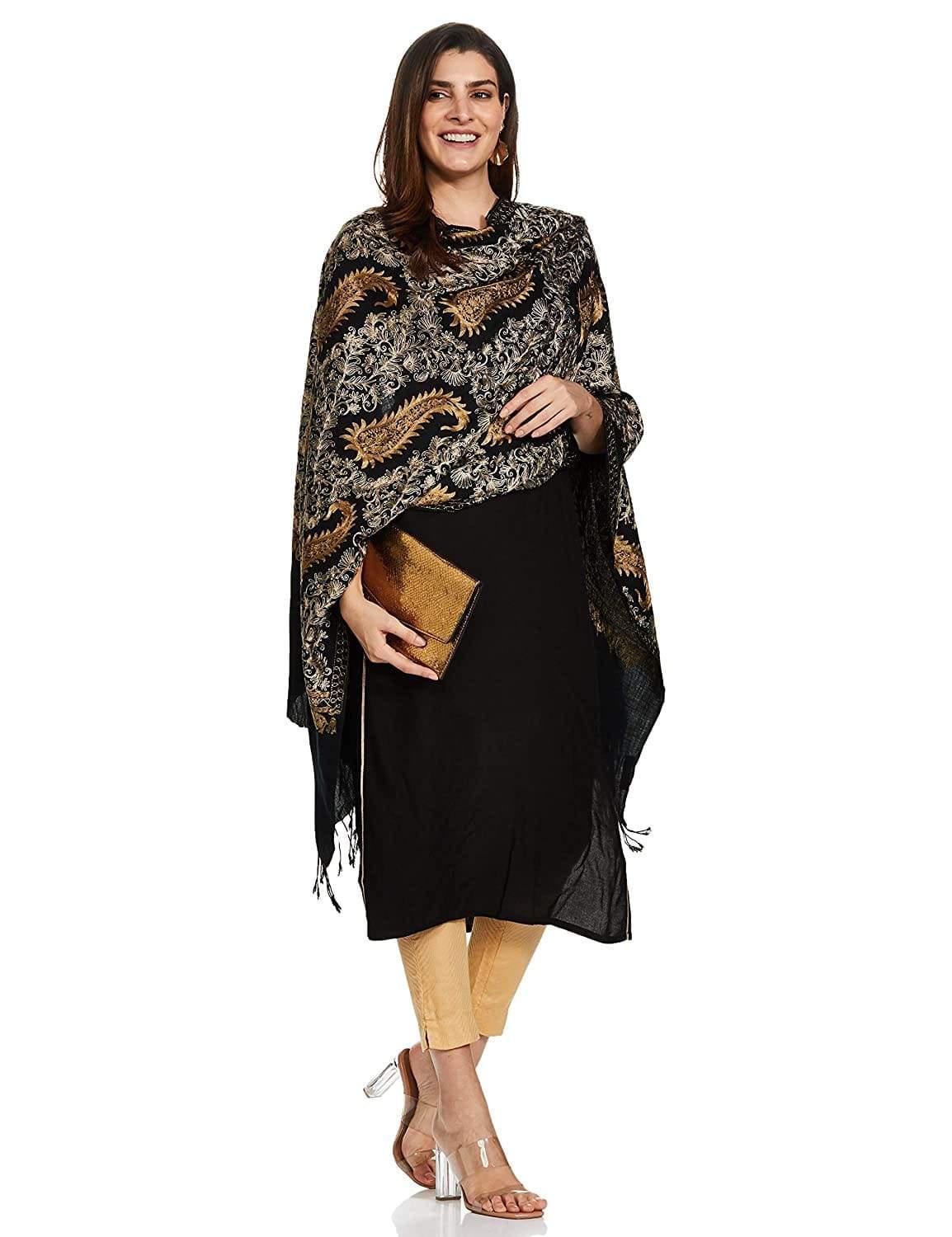 Pashtush India 70x200 Pashtush Womens Fine Wool, Silky Nalki Embroidery Needlework Stole, Black