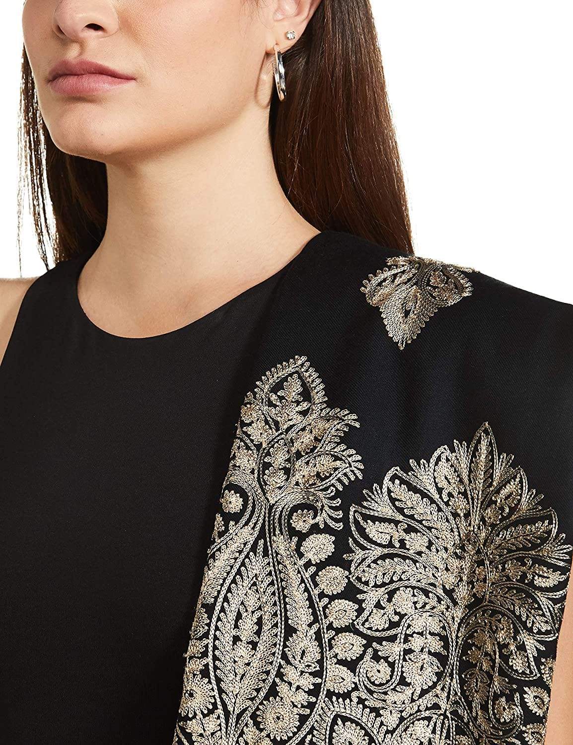 Pashtush India 70x200 Pashtush Womens Fine Wool, Silky Nalki Embroidery Needlework Stole, Black