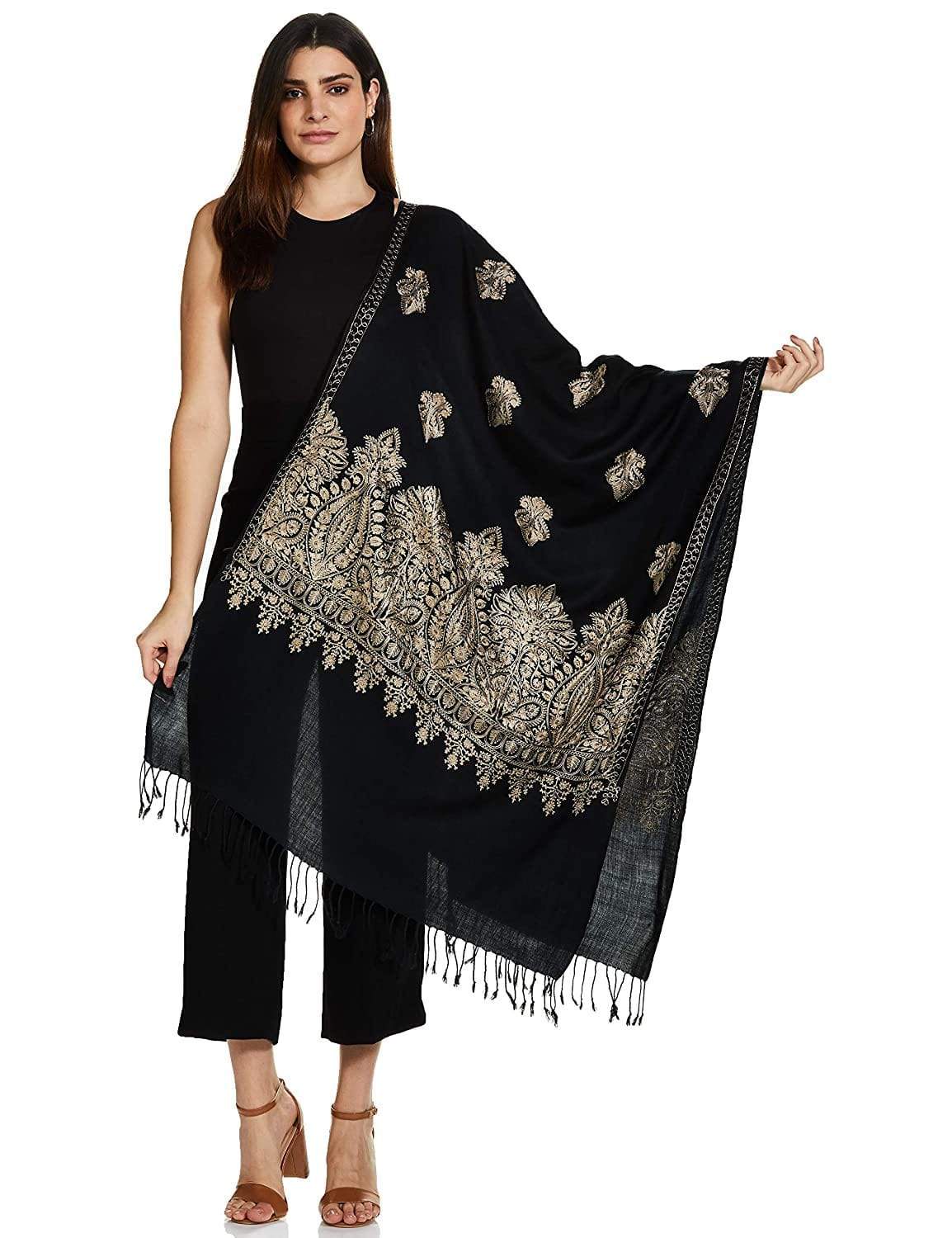 Pashtush India 70x200 Pashtush Womens Fine Wool, Silky Nalki Embroidery Needlework Stole, Black