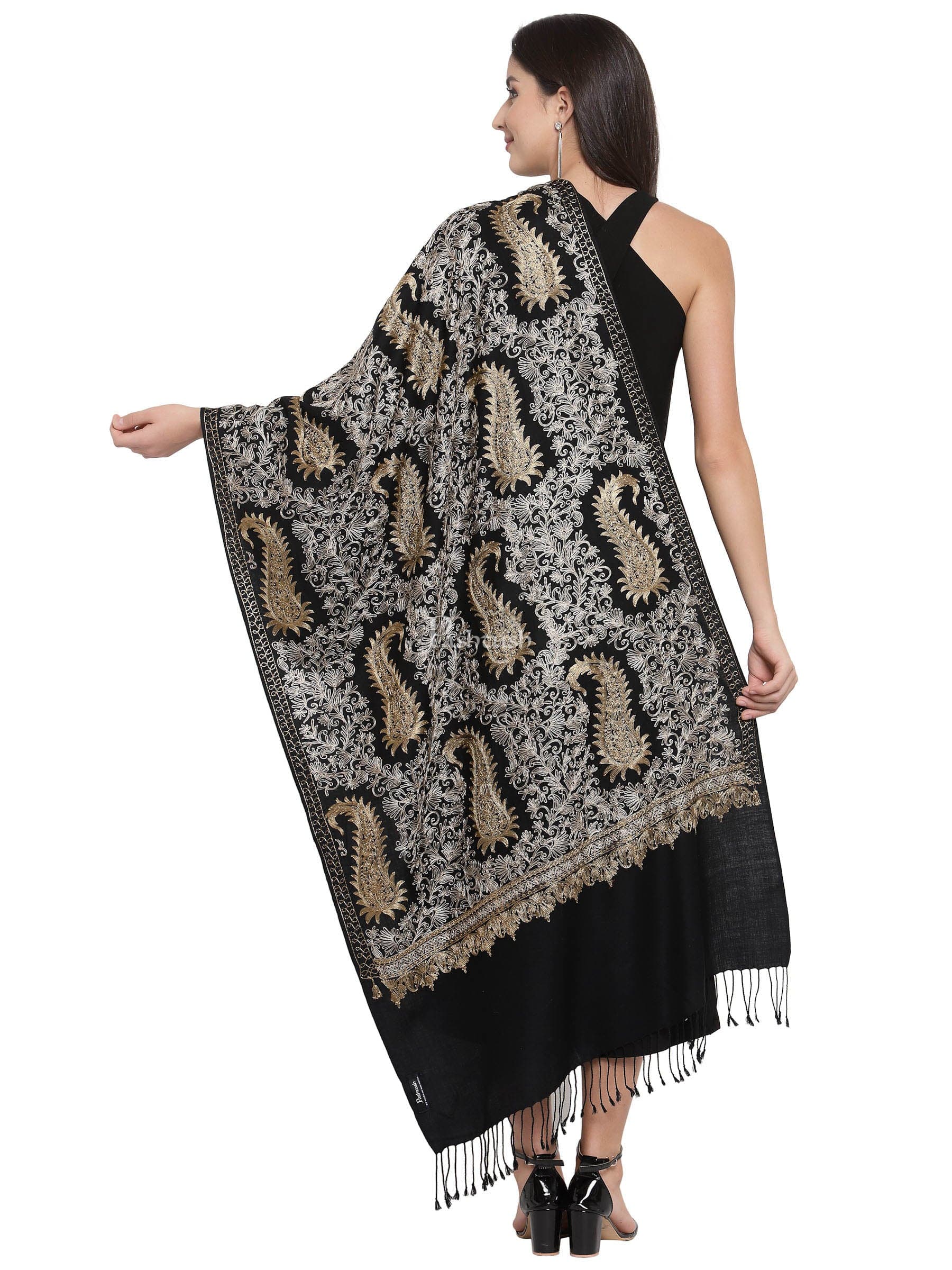 Pashtush India Womens Stoles and Scarves Scarf Pashtush Womens Fine Wool, Silky Nalki Embroidery Needlework Stole, Black