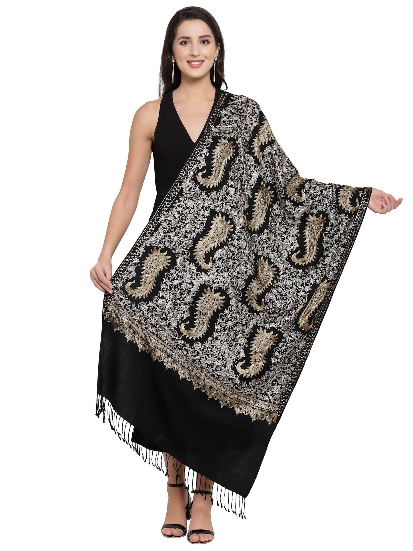 Pashtush India Womens Stoles and Scarves Scarf Pashtush Womens Fine Wool, Silky Nalki Embroidery Needlework Stole, Black