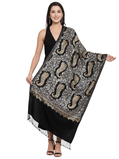 Pashtush India Womens Stoles and Scarves Scarf Pashtush Womens Fine Wool, Silky Nalki Embroidery Needlework Stole, Black