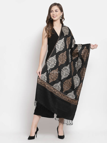 Pashtush India Womens Stoles and Scarves Scarf Pashtush Womens Fine Wool, Silky Nalki Embroidery Needlework Stole, Black