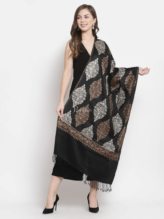 Pashtush India Womens Stoles and Scarves Scarf Pashtush Womens Fine Wool, Silky Nalki Embroidery Needlework Stole, Black