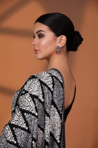 Pashtush India Womens Stoles and Scarves Scarf Pashtush Womens Fine Wool, Silky Nalki Embroidery Needlework Stole, Black