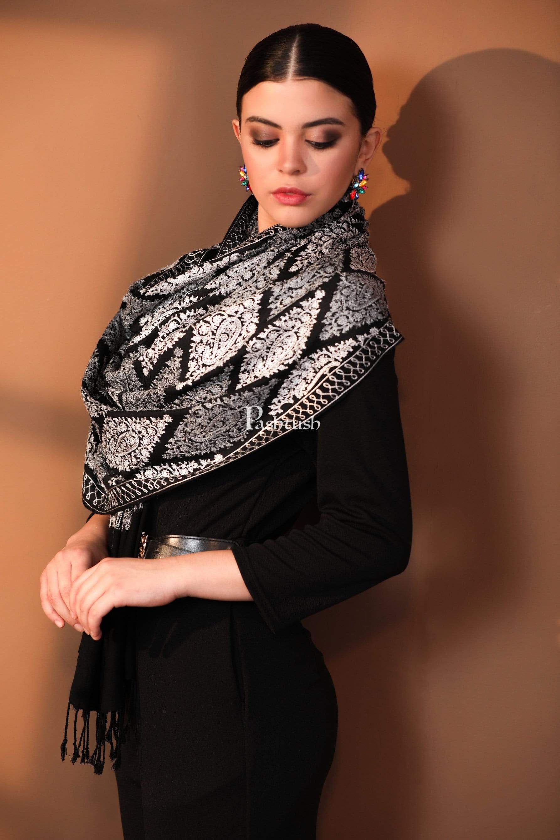 Pashtush India Womens Stoles and Scarves Scarf Pashtush Womens Fine Wool, Silky Nalki Embroidery Needlework Stole, Black
