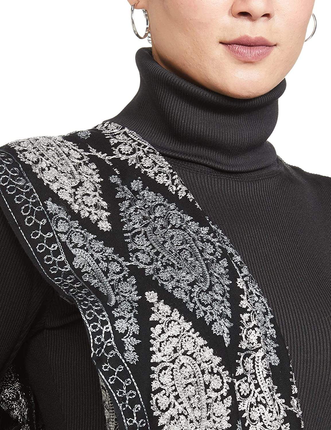 Pashtush India Womens Stoles and Scarves Scarf Pashtush Womens Fine Wool, Silky Nalki Embroidery Needlework Stole, Black