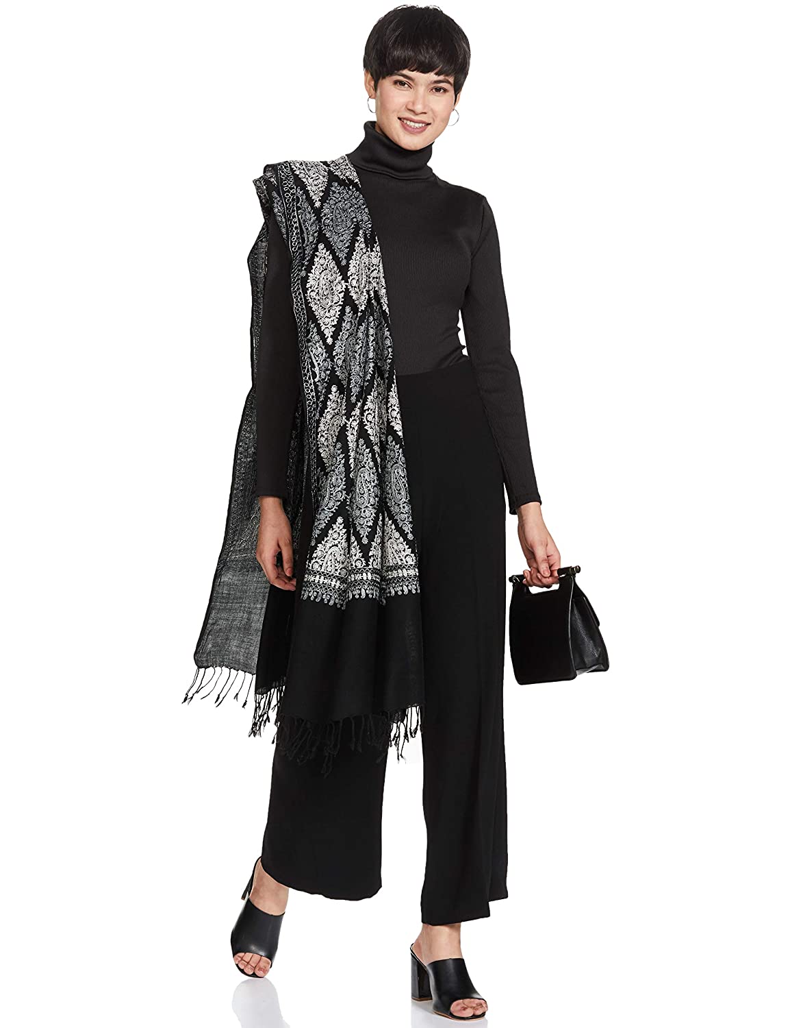 Pashtush India Womens Stoles and Scarves Scarf Pashtush Womens Fine Wool, Silky Nalki Embroidery Needlework Stole, Black