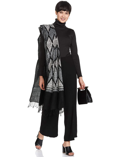 Pashtush India Womens Stoles and Scarves Scarf Pashtush Womens Fine Wool, Silky Nalki Embroidery Needlework Stole, Black