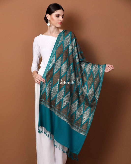 Pashtush Store Stole Pashtush Womens Fine Wool, Silky Nalki Embroidery Needlework Stole, Cobalt Blue