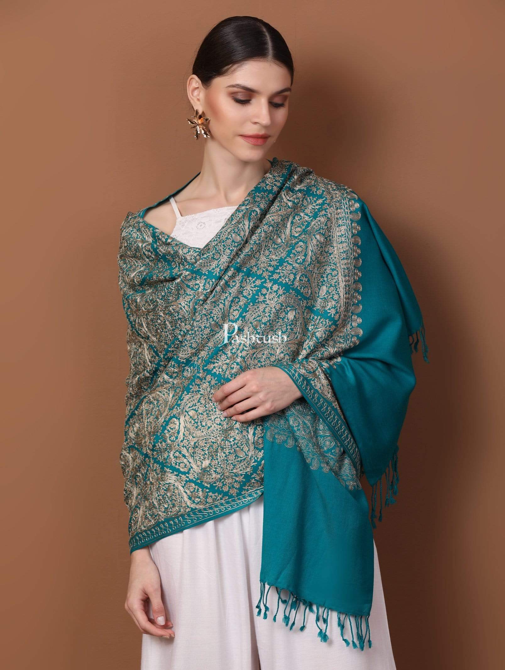 Pashtush Store Stole Pashtush Womens Fine Wool, Silky Nalki Embroidery Needlework Stole, Cobalt Blue