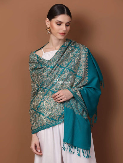Pashtush Store Stole Pashtush Womens Fine Wool, Silky Nalki Embroidery Needlework Stole, Cobalt Blue