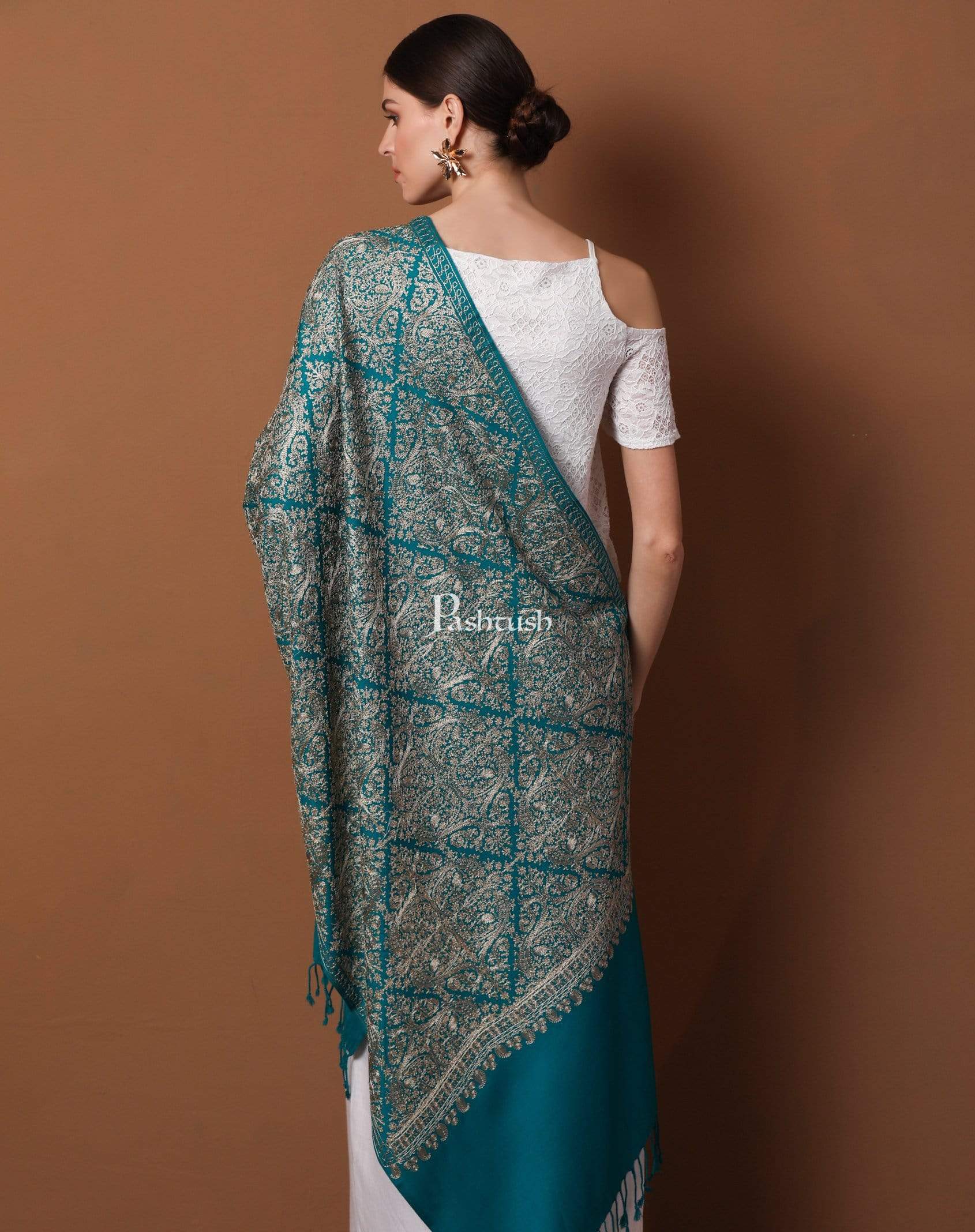 Pashtush Store Stole Pashtush Womens Fine Wool, Silky Nalki Embroidery Needlework Stole, Cobalt Blue