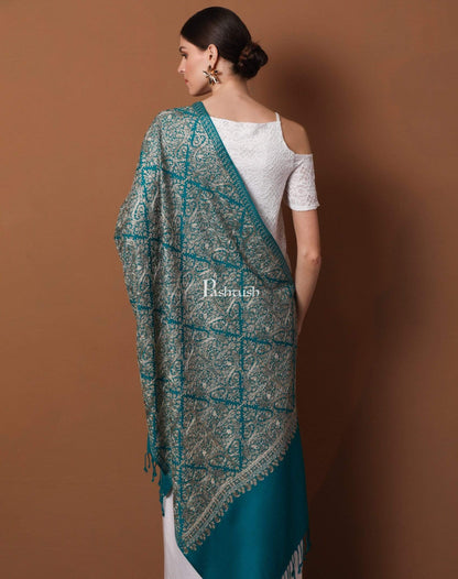 Pashtush Store Stole Pashtush Womens Fine Wool, Silky Nalki Embroidery Needlework Stole, Cobalt Blue