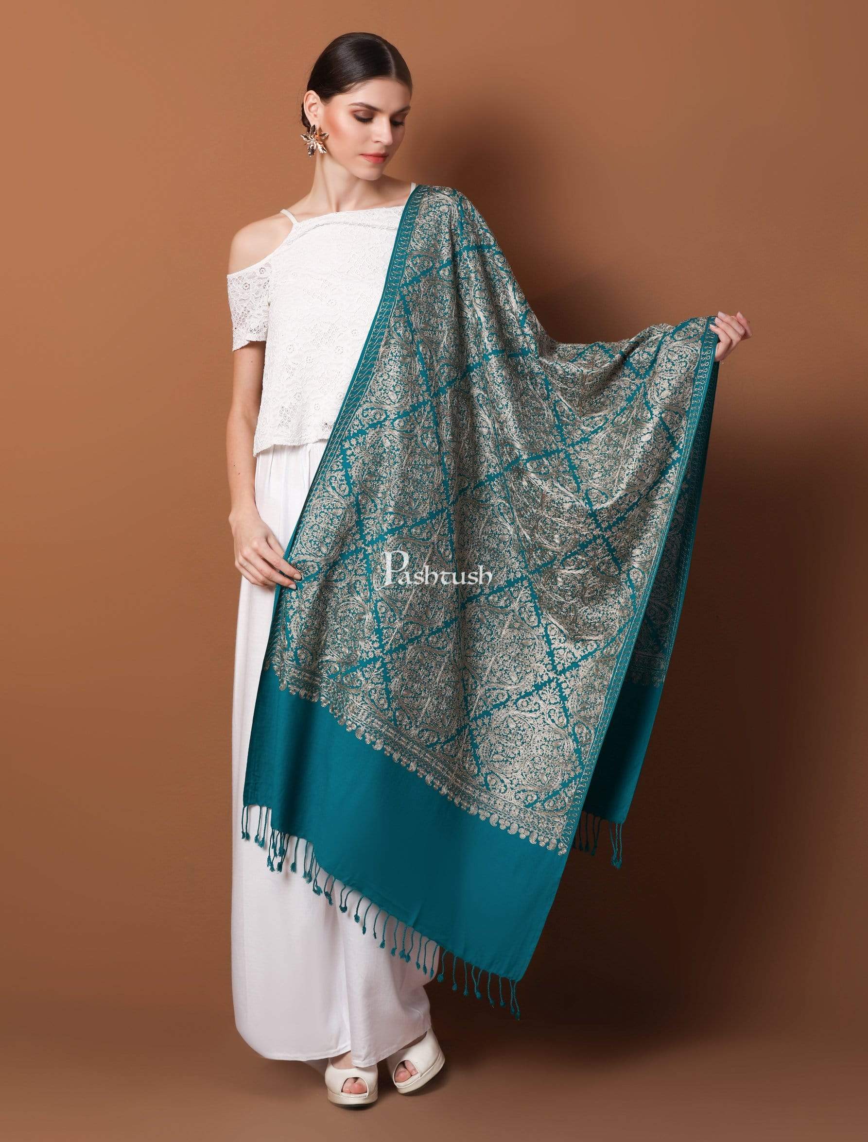Pashtush Store Stole Pashtush Womens Fine Wool, Silky Nalki Embroidery Needlework Stole, Cobalt Blue