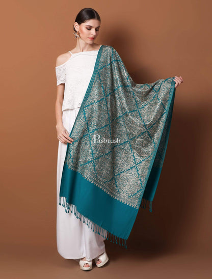 Pashtush Store Stole Pashtush Womens Fine Wool, Silky Nalki Embroidery Needlework Stole, Cobalt Blue