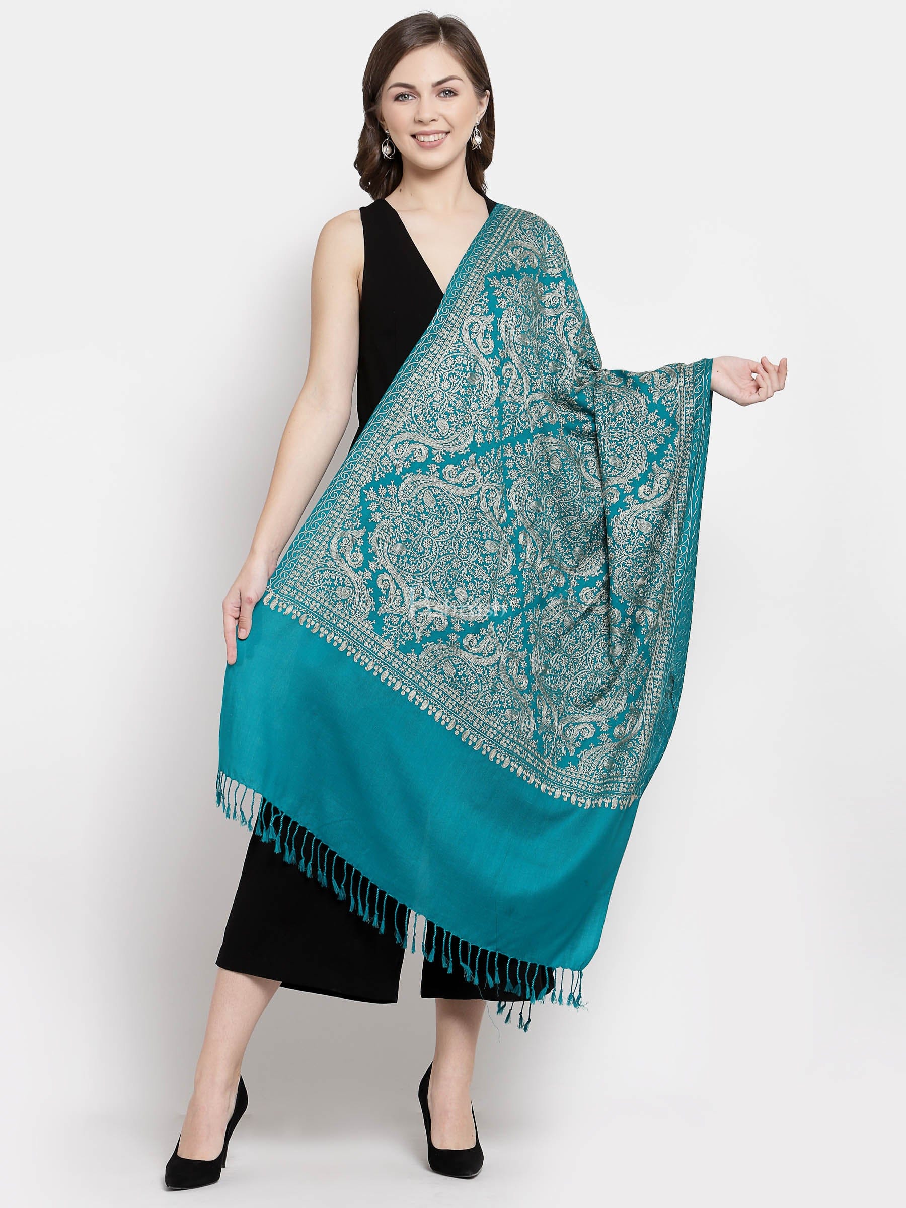 Pashtush India Womens Stoles and Scarves Scarf Pashtush Womens Fine Wool, Silky Nalki Embroidery Needlework Stole, Cobalt Blue