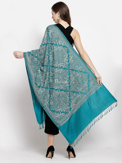 Pashtush India Womens Stoles and Scarves Scarf Pashtush Womens Fine Wool, Silky Nalki Embroidery Needlework Stole, Cobalt Blue