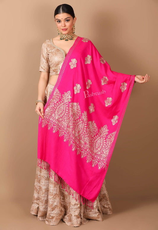 Pashtush Store Stole Pashtush Womens Fine Wool, Silky Nalki Embroidery Needlework Stole, Hot Pink