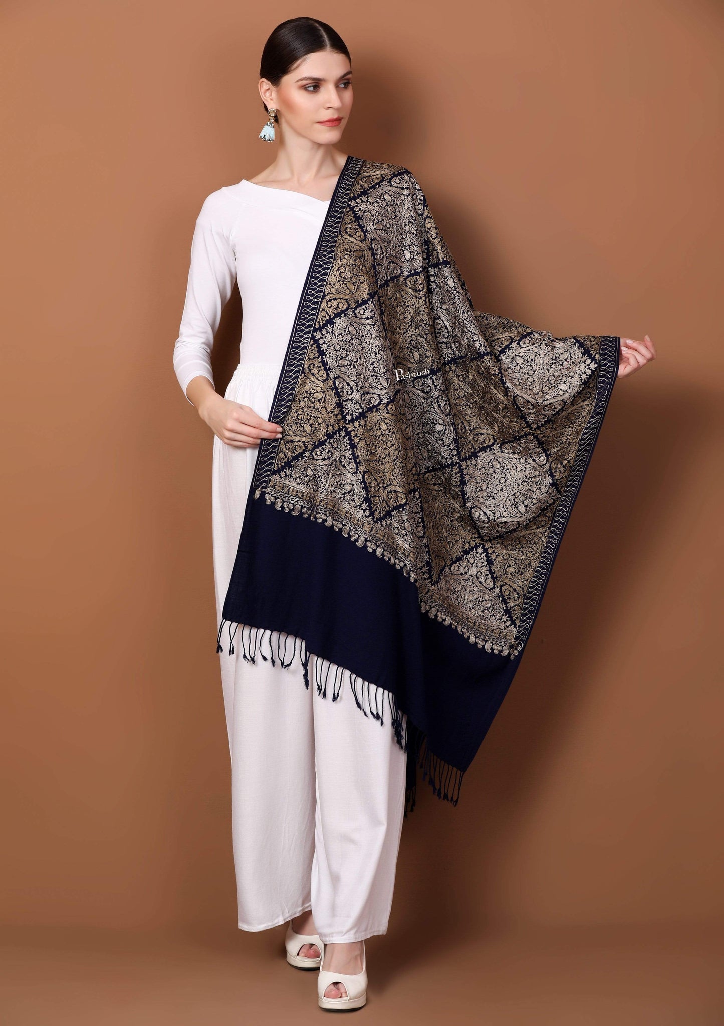 Pashtush Store Stole Pashtush Womens Fine Wool, Silky Nalki Embroidery Needlework Stole, Navy Blue