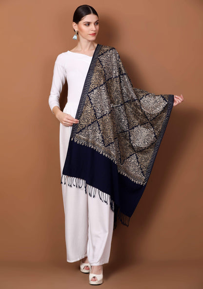Pashtush Store Stole Pashtush Womens Fine Wool, Silky Nalki Embroidery Needlework Stole, Navy Blue