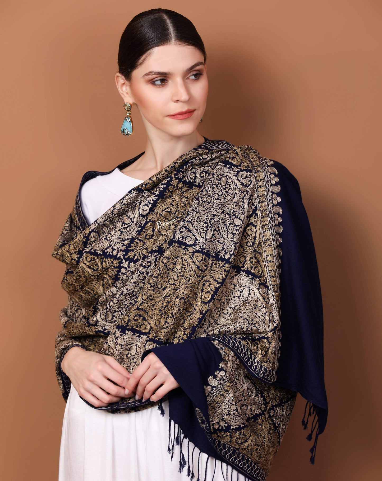 Pashtush Store Stole Pashtush Womens Fine Wool, Silky Nalki Embroidery Needlework Stole, Navy Blue